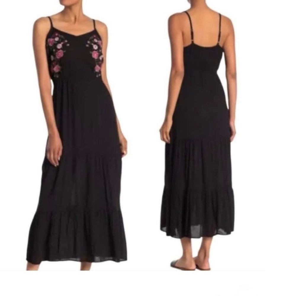 Kelly Renee Large Black w/Red Pink White Floral Embroidery Maxi Dress